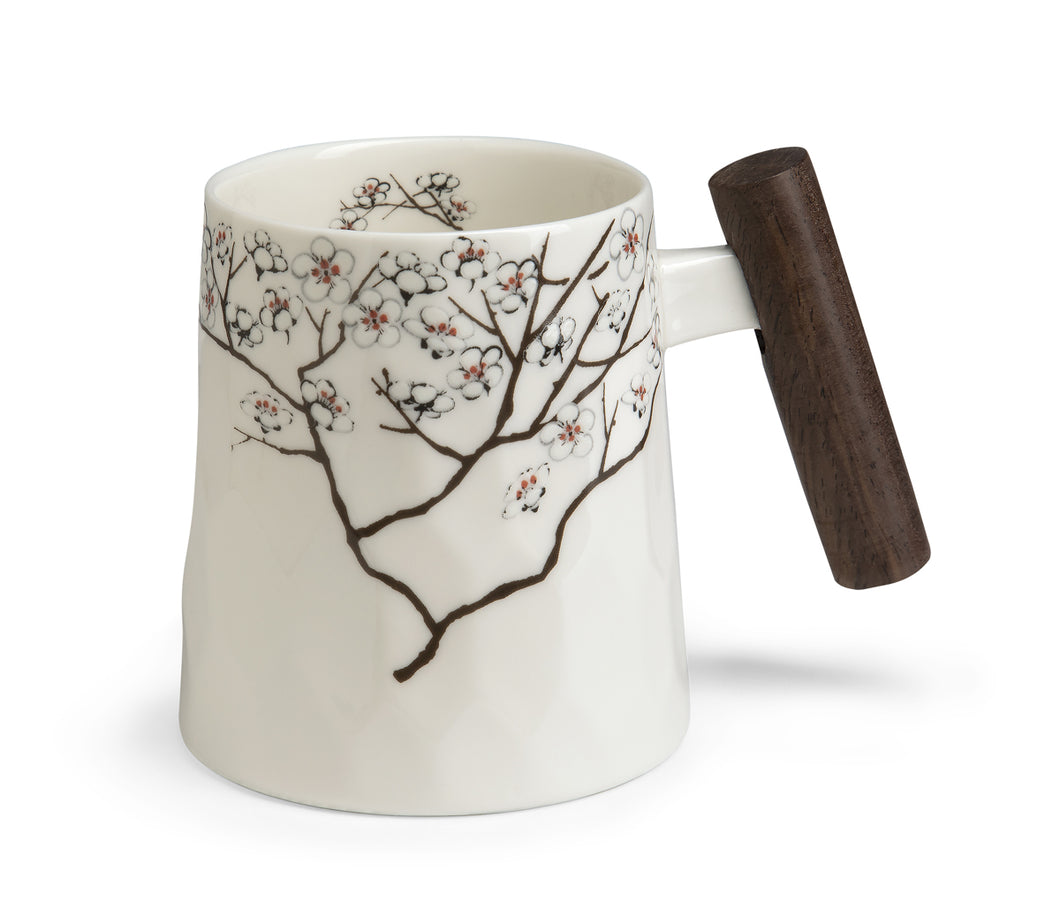 Чаша за чай от фин костен порцелан с дървена дръжка White Cherry 400мл